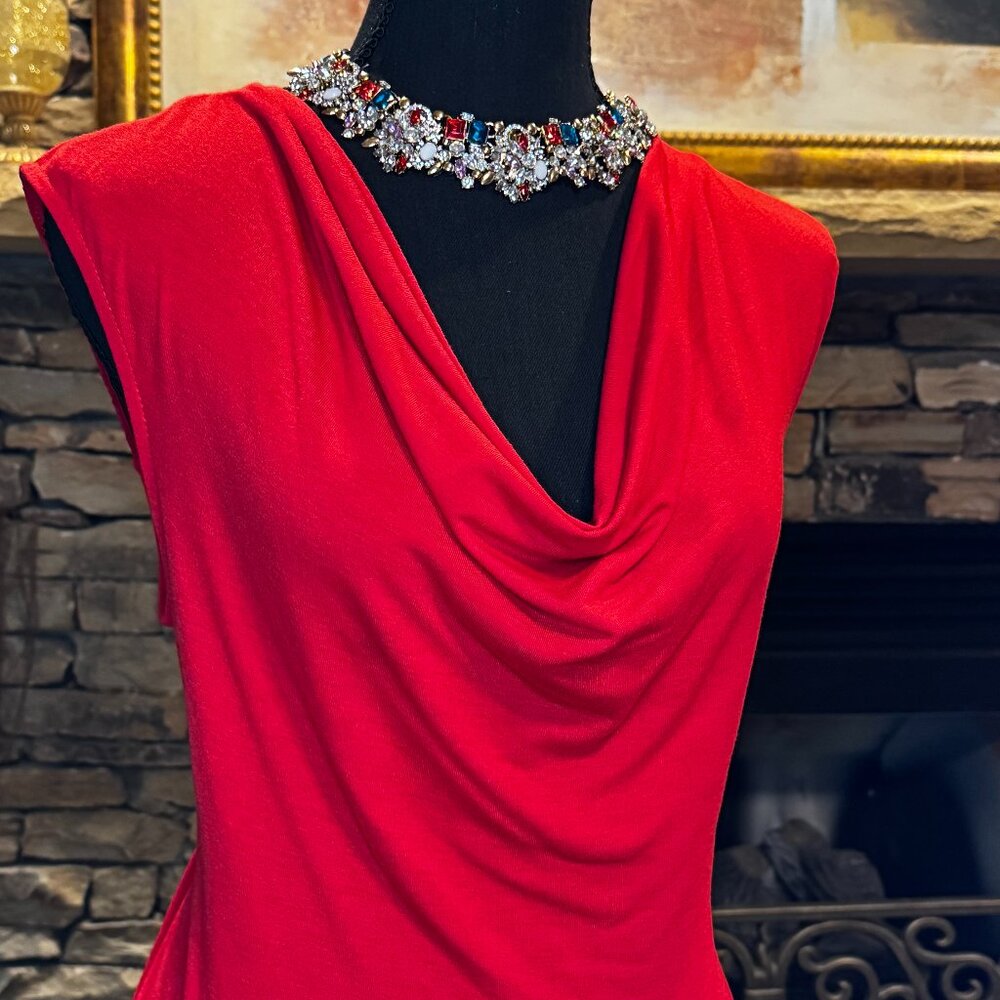 Stylish fitted Red Blouse with draped front and Lace on the back, Size Medium